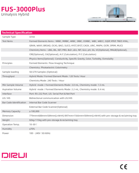 Analyseur d'Urine DIRUI FUS-3000-PLUS avec IA et Microscope à lumière polarisée